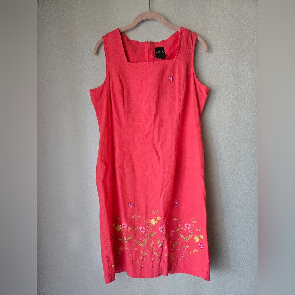 Linen Pink Coral Embellished Sleeveless Sundress With Flowers, Butterfly